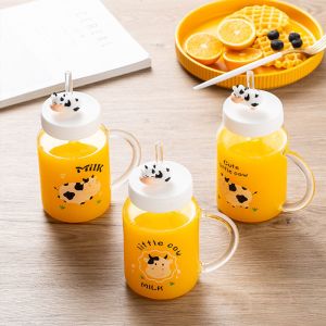 Heat Resistant Transparent 560ml Milk Juice Glass Bottle With Straw