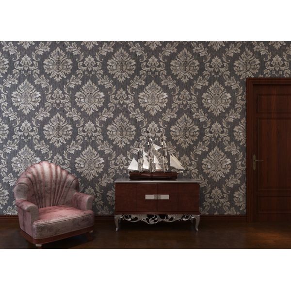 Quality Removable Embossed Vinyl Wallpaper with Sliver and Black Damask Pattern for sale