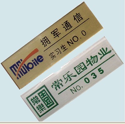 Quality Pad Printing Epoxy Coating Engraved Name Plates with safty pin for sale