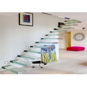 Prefabricated Straight Floating Steps Staircase With Glass Steps And Glass