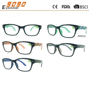 Hot sale style of reading glasses with plastic frame ,printe the patterns in the