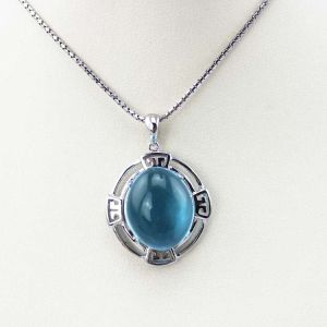 Buy cheap Sterling Silver Oval Dome Created Blue Topaz Cubic Zirconia Pendant  Silver Chain (PSJ0359) from wholesalers