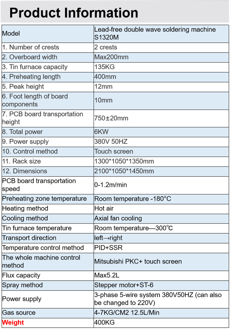 Automatic Wave Soldering Machine with 200mm PCB Size 2 Crests and 135KG Tin Furnace for SMT PCB Assembly