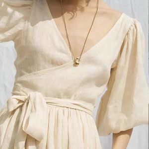 Puff Sleeve Casual Long Dress Anti Wrinkle V Collar Asymmetric Plain Dyed