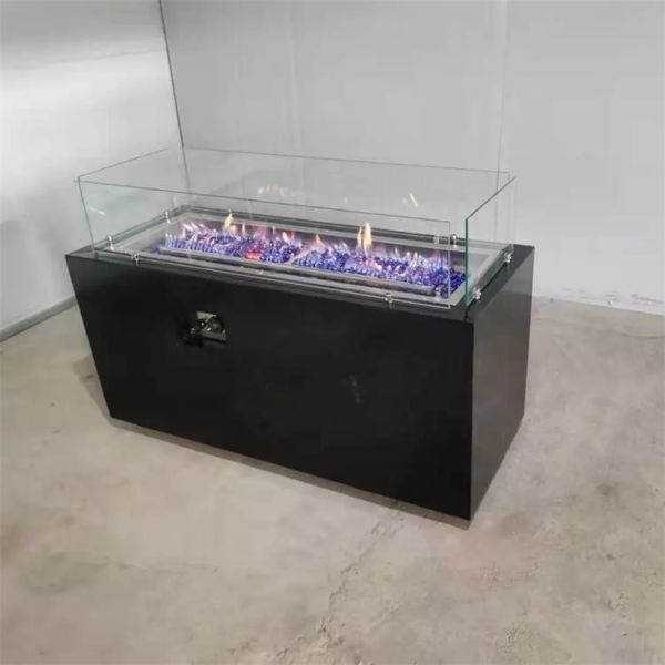 Modern Metal Black Painted Rectangular Gas Burning Smokeless Fire Table