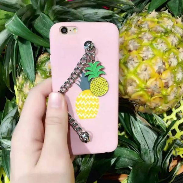 Soft TPU Pineapple Flamingo Back Metal Chain Strap Cover Cell Phone Case For