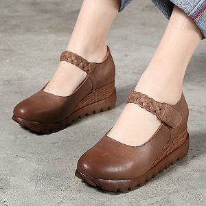 Buy cheap S288 New Style Genuine Leather Thick-Soled Slope Heel Spring Shoes Factory Direct Sales Pure Color Simple Leather Ethnic from wholesalers