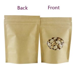 Resealable k Brown Kraft Paper Standing Up Pouches With Clear Oval Round Window
