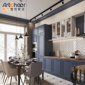 Buy cheap Modular Kitchen Cabinet Set With Gold Handles And Dark Blue Sectional Design In Plywood Material from wholesalers