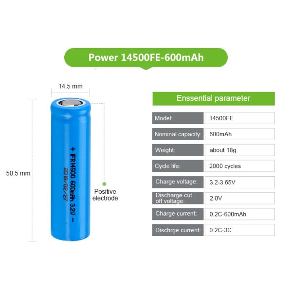 600mah Rechargeable Li Ion Battery 3.2v 14500 Lifepo4 Li Ion Battery