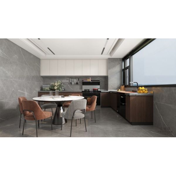 Elegant Wood Grain Finish L-Shaped Stainless Steel Kitchen Cabinet