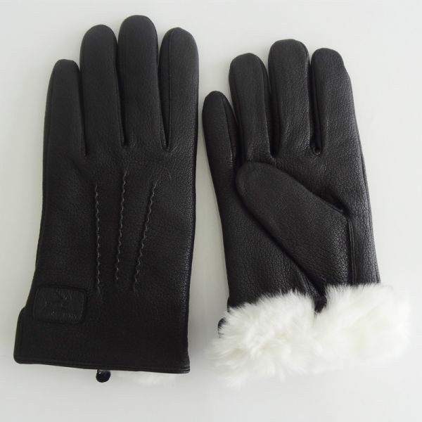 Quality Black Rabbit Fur Lined Deerskin Mens Soft Leather Gloves for sale