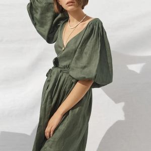 Puff Sleeve Casual Long Dress Anti Wrinkle V Collar Asymmetric Plain Dyed