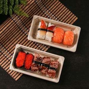 Buy cheap 11g Dinnerware Fast Food Biodegradable Bagasse Tableware Sushi Tray With Pet Lid from wholesalers