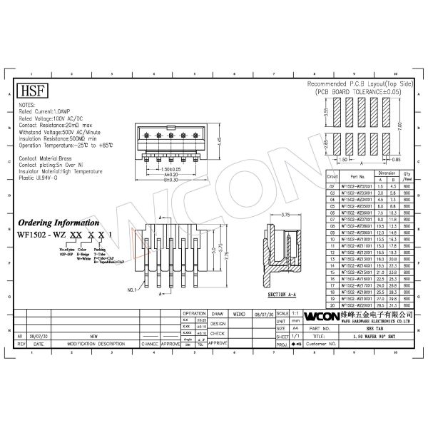 1.5 mm Wafer Male Printed Circuit Board Connectors 02~20P 90° SMT