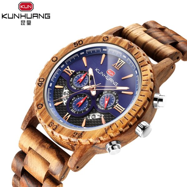 Quality Man Zebra Wooden Quartz Watch Blue Dial 6 Pointers Elegant Lux Wood Watches for sale