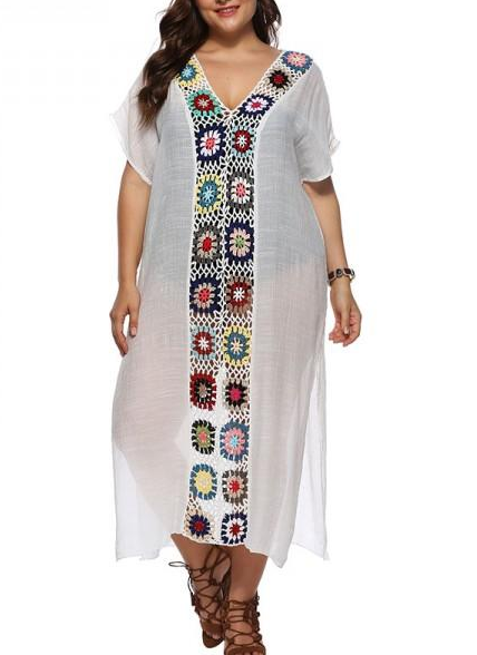 Women white see-through beach kimono style maxi dress with flower print
