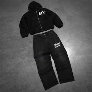 Buy cheap Custom Tracksuit Denim Zipper Hoodie Heavyweight Acid Wash Vintage Track Suits Jean Sweatpants and Jacket Set for Men from wholesalers