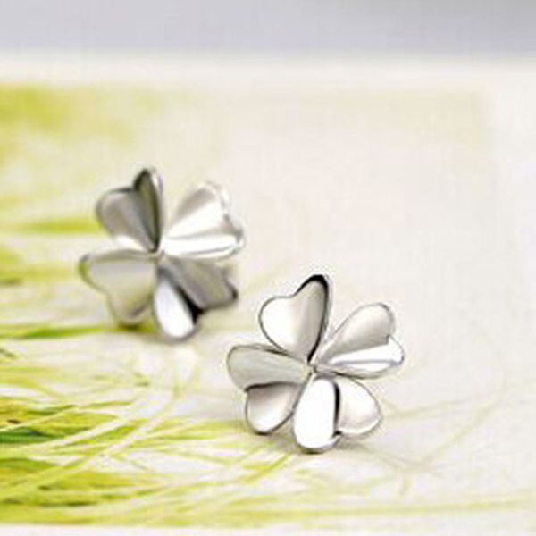 Fashion 925 Silver Plated Good Luck Four Feaf Clover Flower Stud Earrings (EESTUD08)