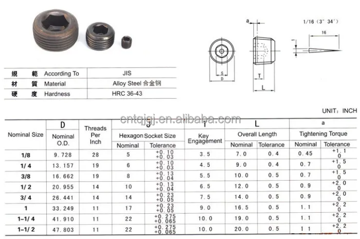 ZINC Plated Hydraulic Screw Hexagon Socket Pipe Plug Tapered Thread M8 M10 DIN906 for Industrial Pipe Connections