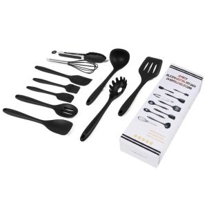Rotating Stand Silicone Kitchen Utensils Set Durable Black Kitchen Gadgets