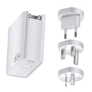 Foldable 65w Uk Eu Au Us Travel Plug Adapter With 1 Usb-c Pd and 1 Usb-a Qc3.0