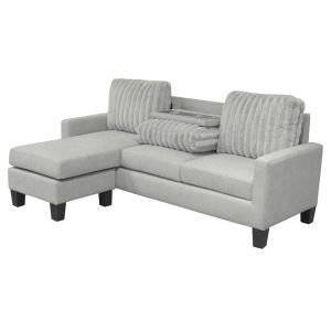 L Shaped Sectional Sofa with Dropdown Table and Reversible Chaise, Light Gray