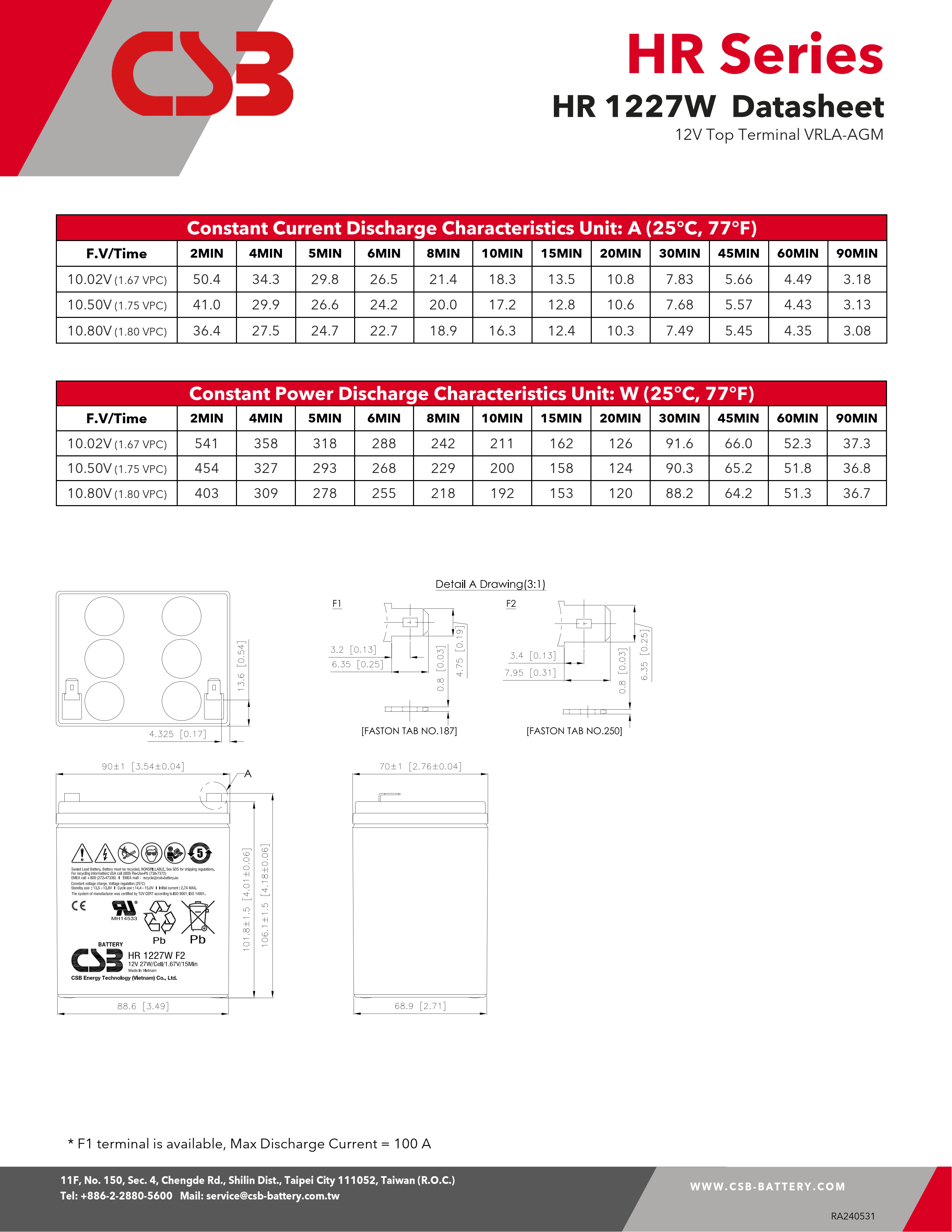 CSB Battery HR1227W 12V 27W Rechargeable Maintenance-Free Lead Acid AGM Battery