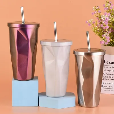 Quality Fashionable Design 480ml Personalized Stainless Steel Mug With Straw Country Style Gradient Irregular Stainless Steel Tea Mug For Traveling for sale