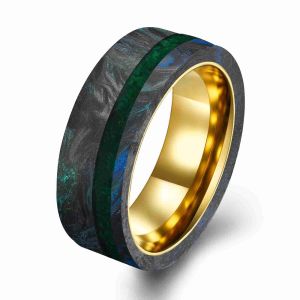 China New Arrival 8mm Wide Custom Forged Carbon Fiber Ring14K Rose gold Ring with Green and Blue Foil and Green Flat Edge on sale