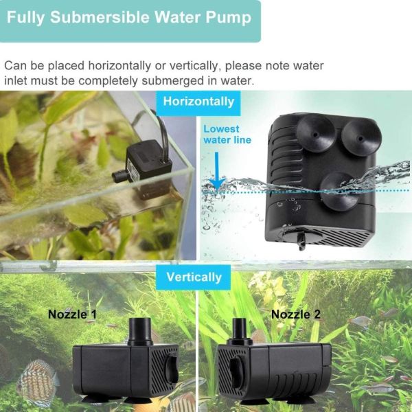 Ultra Quiet Submersible Water Pump 3W Aquarium With 2 Nozzles