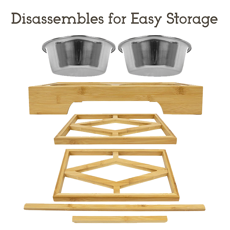 Adjustable Raised Bamboo Pet Feeder 100% Solid Bamboo Stand Dog Bowl