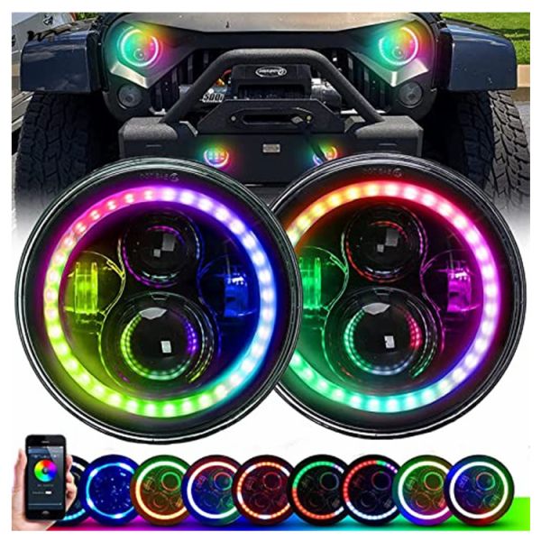 Quality 7 Inch Round Car Headlights with RGB LED Halo High Low Beam Aluminum Sealed Beam Headlamps for sale