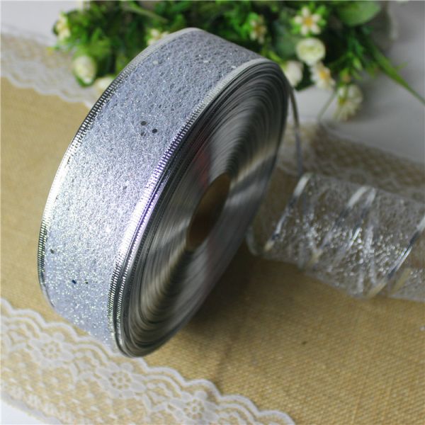 2 1/2 Silver Glitter Wired Edges Ribbon For Christmas Holiday Decoration Metallic Organza Mesh Ribbon