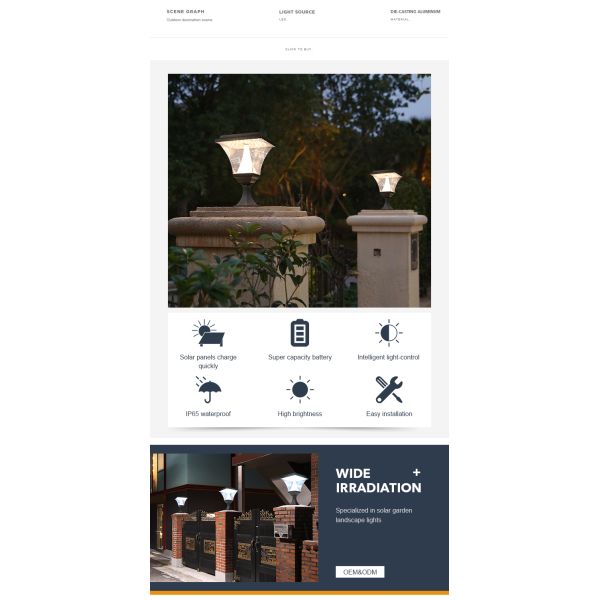 Intelligent Solar Pillar Light IP65 Water Resistant Multipurpose