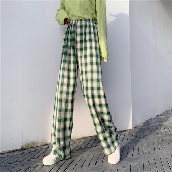 Quality Plaid Loose Straight Leg Womens High Waisted Casual Pants for sale
