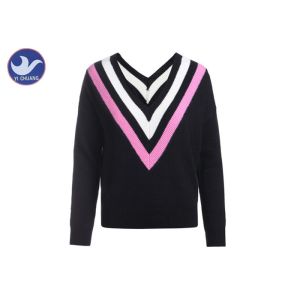 China Hot Preppy Style Womens Knit Pullover Sweater Stripes Double Big V Neck Jumper Top on sale