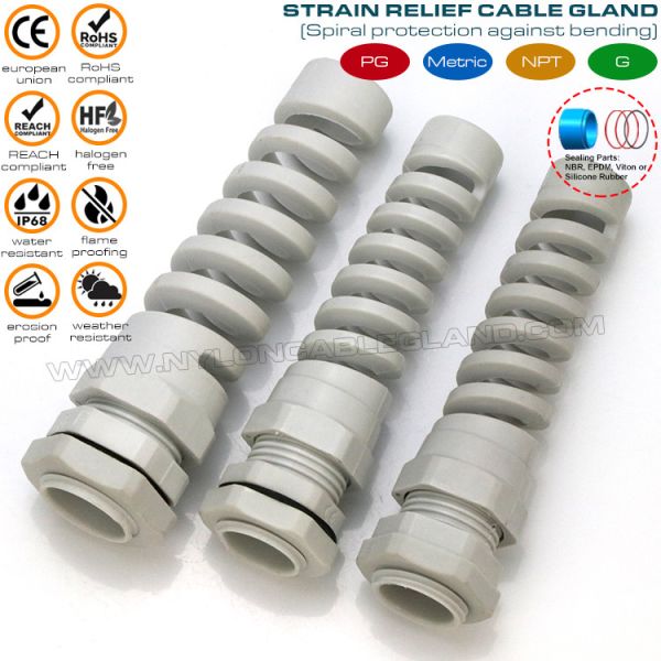 Spiral Cable Gland PG Pitch Nylon 6 IP68, Strain Relief Cable Gland PG11 Flexible Cord Connector Polyamide 6 Gray for 5-10mm Cable Spiral Cable Gland / Spiral Flexible Strain Relief Connector Nylon (Polyamide) 6 PG11 IP68 for 5-10mm Cable
