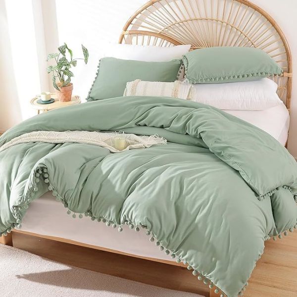 Buy cheap Sage Green Bohemian Microfiber Comforter Set with Pom Fringe from wholesalers