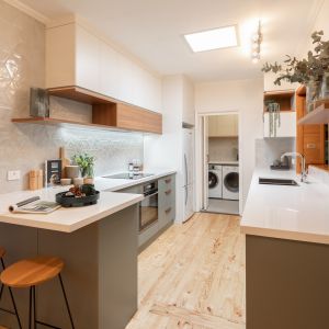 Stylish Celadon Color Lacquer Kitchen Floor Cabinet With Wooden Texture Wall