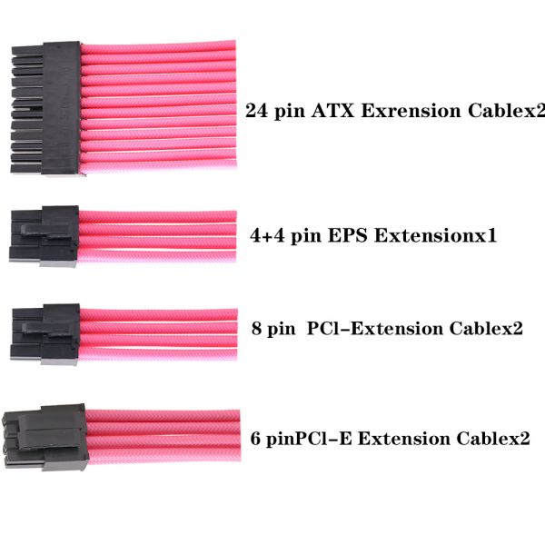 Arc Extension cable kits ATX 24pin*2 4+4Pin EPS*1 8Pin PCIE*2 6Pin PCIE*2 Sleeved Power Supply Extension Cable With Pink