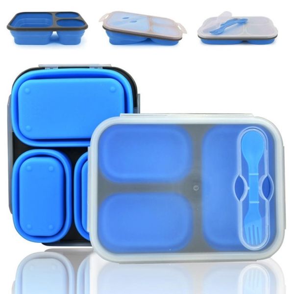 Easy to clean leakproof folding 3 compartments collapsible silicone lunch box