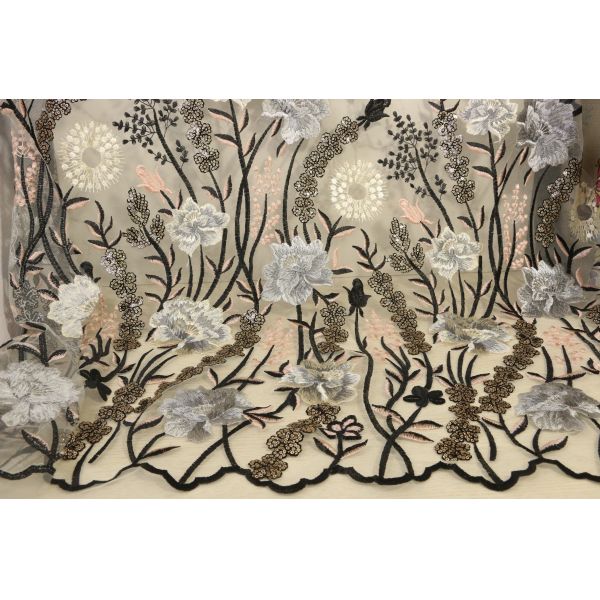 Quality Scalloped  Embroidered Mesh Lace Fabric , Wedding Lace Material With Paillettes for sale