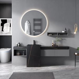 Modern Sintered Stone Slate Freestanding Pedestal Wash Basin Cabinet Set