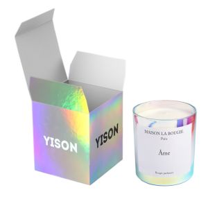 China Custom Logo Printed Kraft Iridescent Holographic Candle Packaging Box on sale
