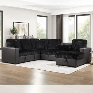 Buy cheap U-Shaped Sectional Sleeper Sofa with Pull Out Bed and Storage Chaise Lounge and Storage Loveseat and Dropdown table and USB Charging Port, Black Fabric from wholesalers