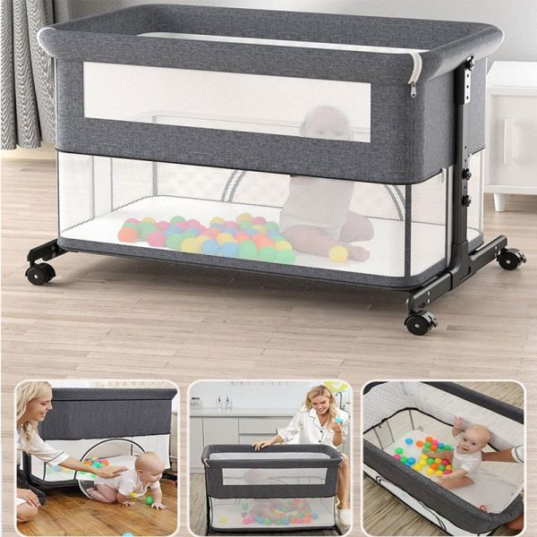 Baby Bed 3 in 1, Foldable Baby Crib with Mosquito Net, Mattress Included, Height Adjustable Carrycot for Newborn Babies