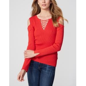 Buy cheap Fine Gauge Women'S Wool Pullover Sweaters , Ribbed Eyelet Lace Red Pullover Sweater from wholesalers