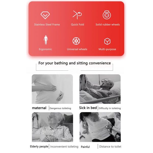 The Latest Waterproof Sturdy Toilet Wheelchair with Wheels, Suitable for The Elderly, Pregnant Women, and Children