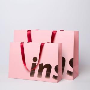 China Pink Kraft Paper Bags 420gsm Thick with Satin Ribbon Handles on sale